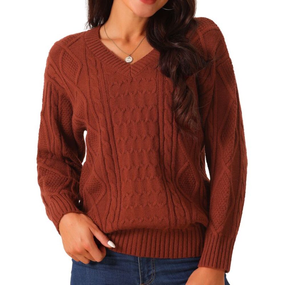 V Neck Long Sleeve Casual Loose Chunky Warm Pullover Sweater Top Wine Red